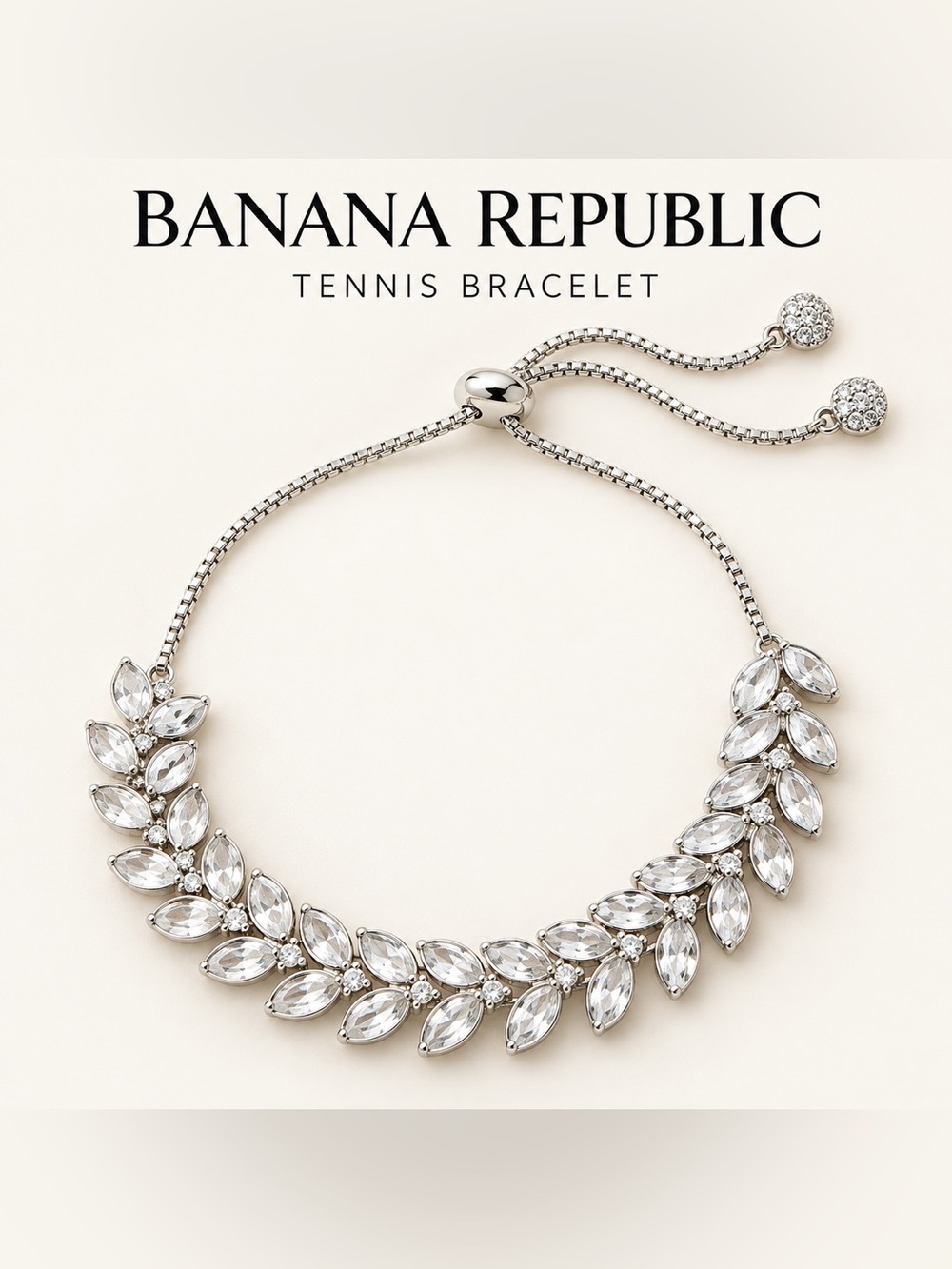 Banana Republic Silver Tone Clear Crystal Leaf Adjustable Slide Tennis Bracelet
